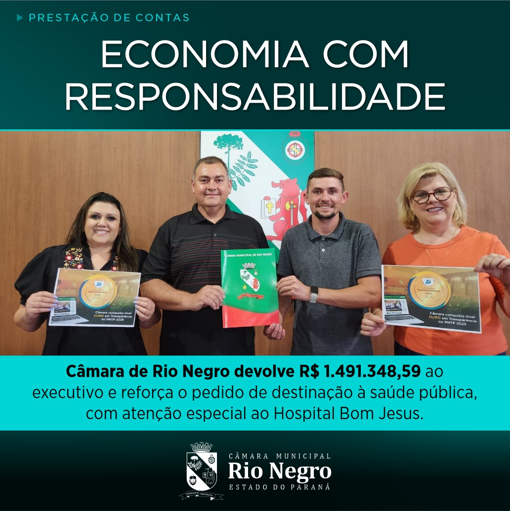 Câmara de Rio Negro devolve R$ 1.491.348,59 ao Executivo e reforça pedido de destinação à saúde